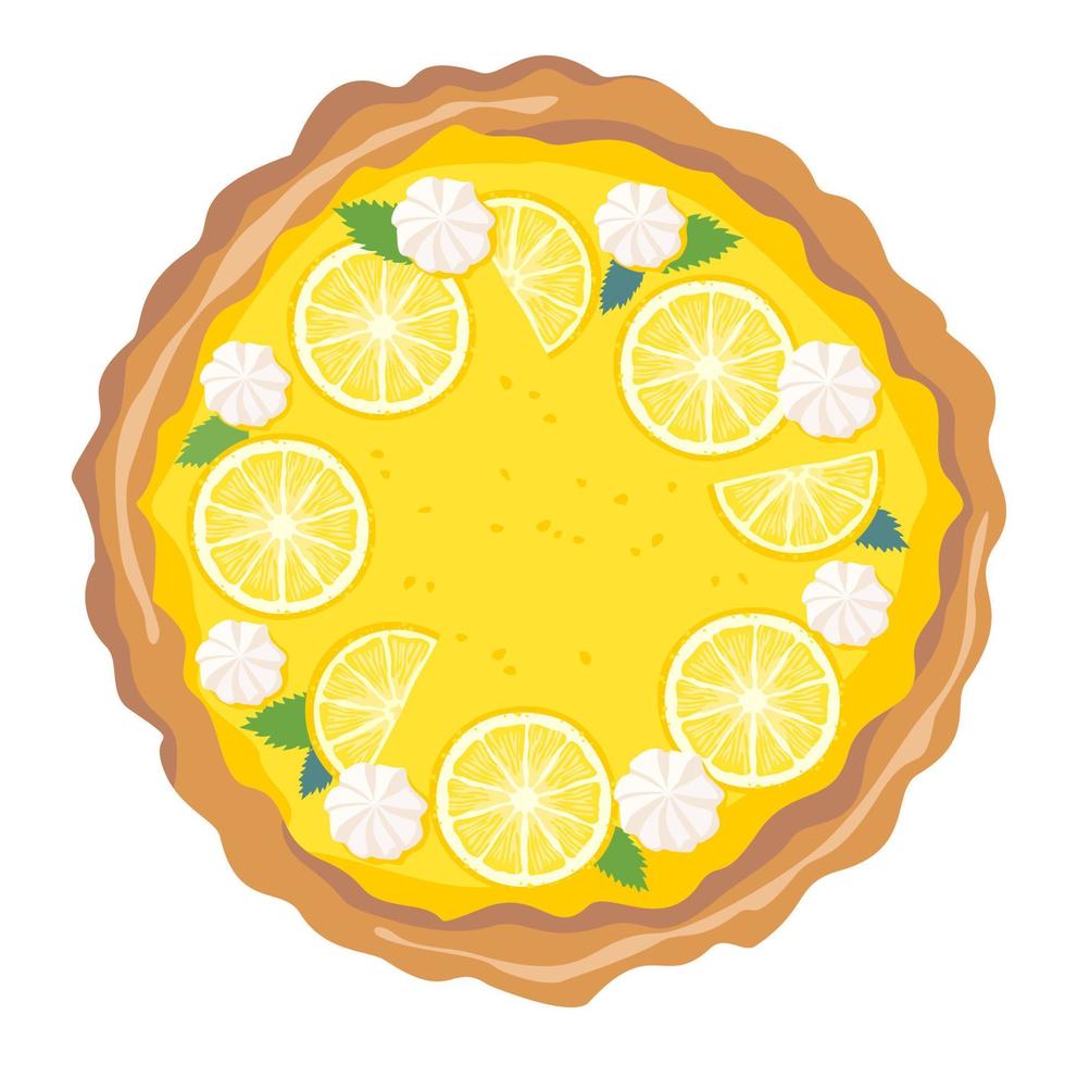 A whole lemon pie with lemon slices and meringues on top. Lemon tart. vector