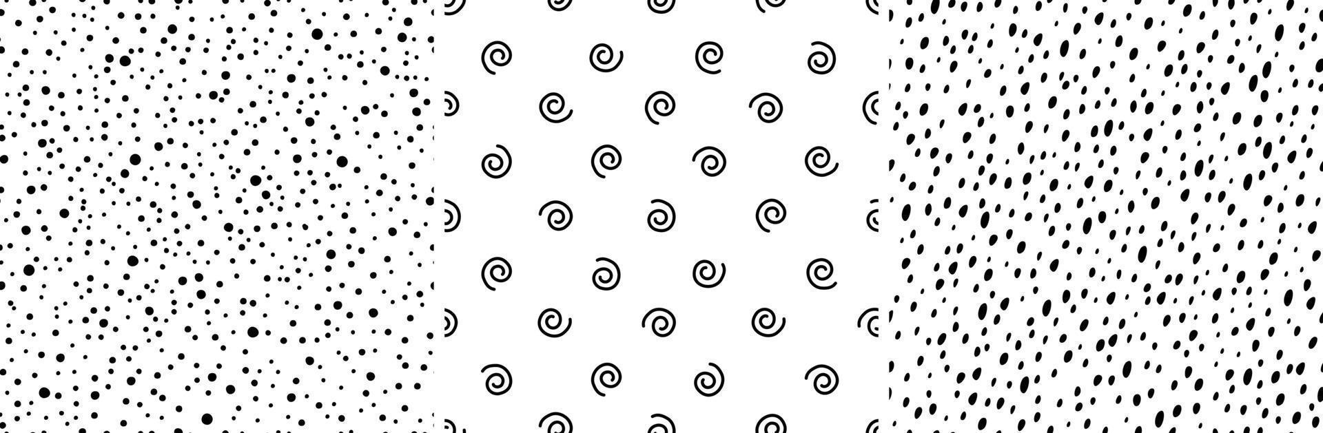 Drops, spirals, rain. Black and white seamless abstract patterns set. vector