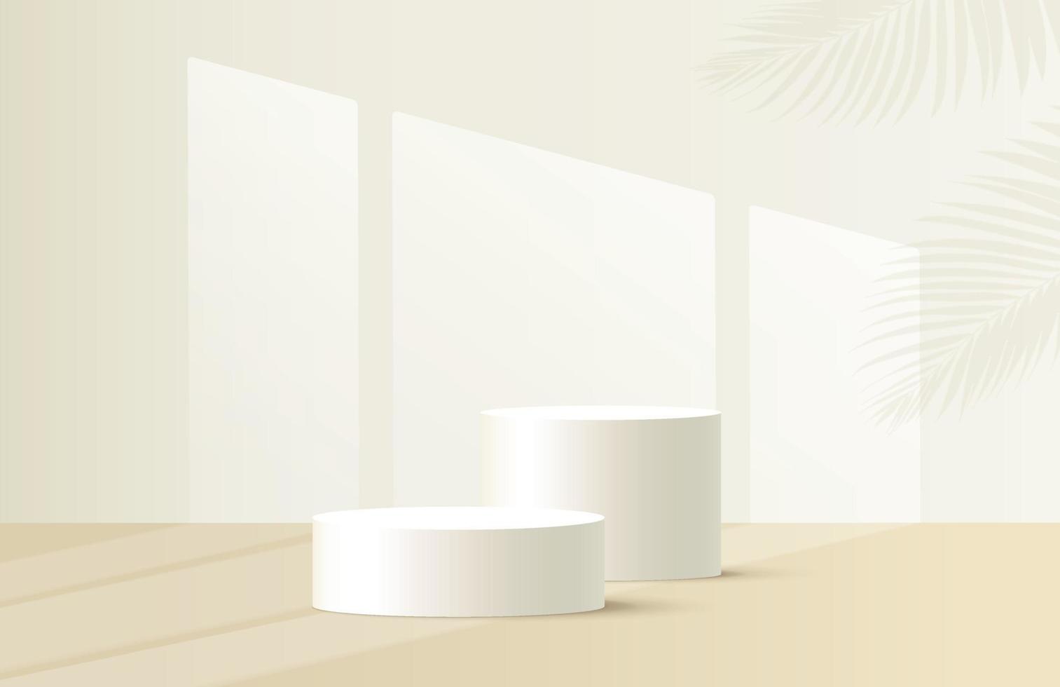 podio de pedestal de cilindro blanco 3d abstracto con escena de pared mínima beige y sombra. plataforma geométrica de representación vectorial moderna para la presentación de productos. vector