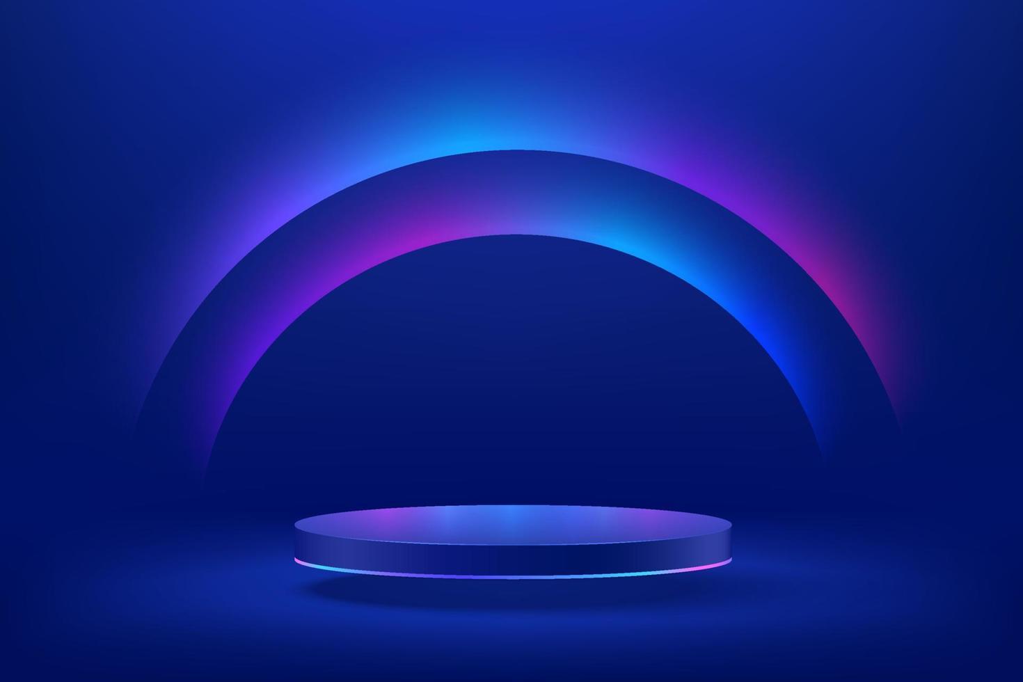 Abstract realistic 3d blue cylinder pedestal podium with Sci-fi dark blue abstract room with semi circle glowing neon lighting scene. Vector rendering product display presentation. Futuristic scene.