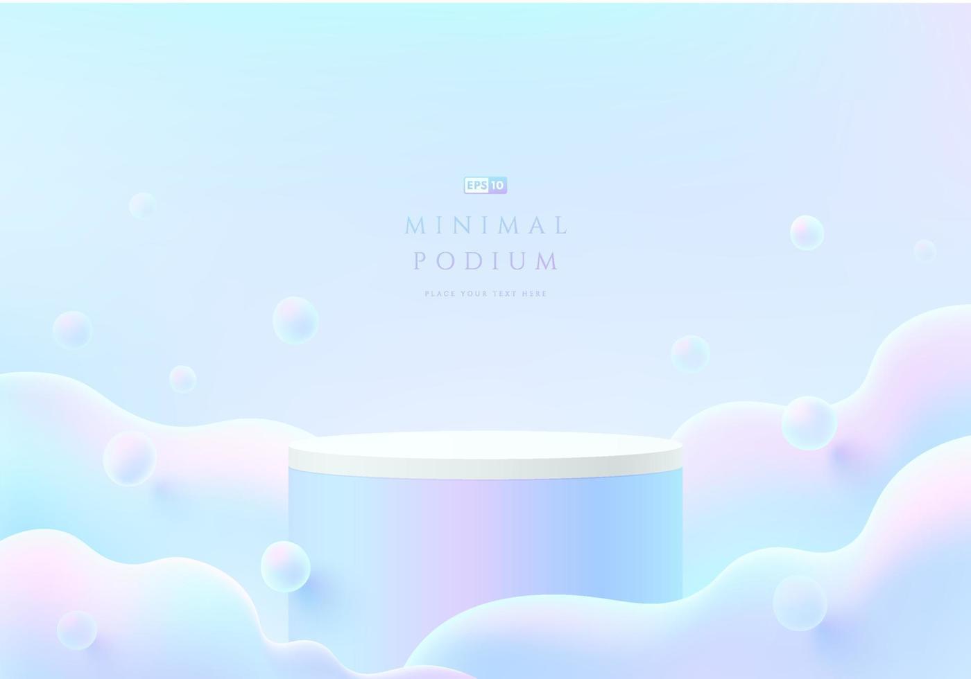 Abstract 3D room with realistic pink, blue hologram color cylinder stand podium. Pastel cloud or bubbles flying. Minimal scene for mockup product display. Vector geometric forms. Round stage showcase.