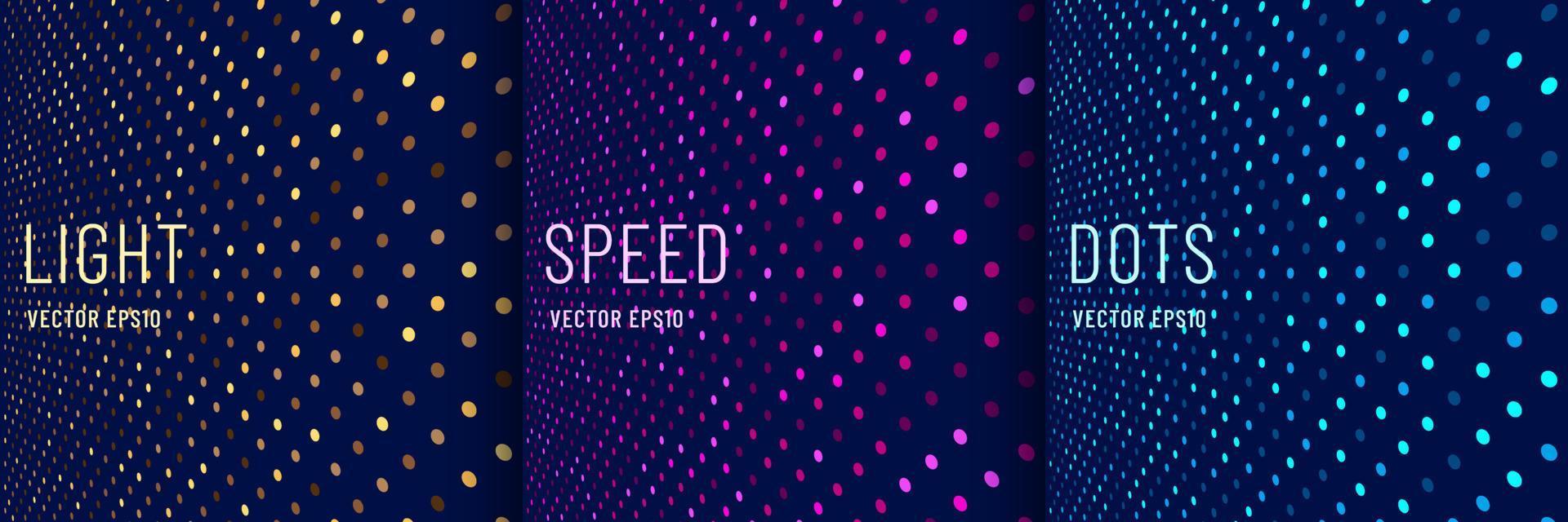 Set of pink, blue, green, golden glowing light dot glitter perspective abstract pattern on dark blue background. Collection of shiny dots halftone. Futuristic technology concept. Vector illustration.