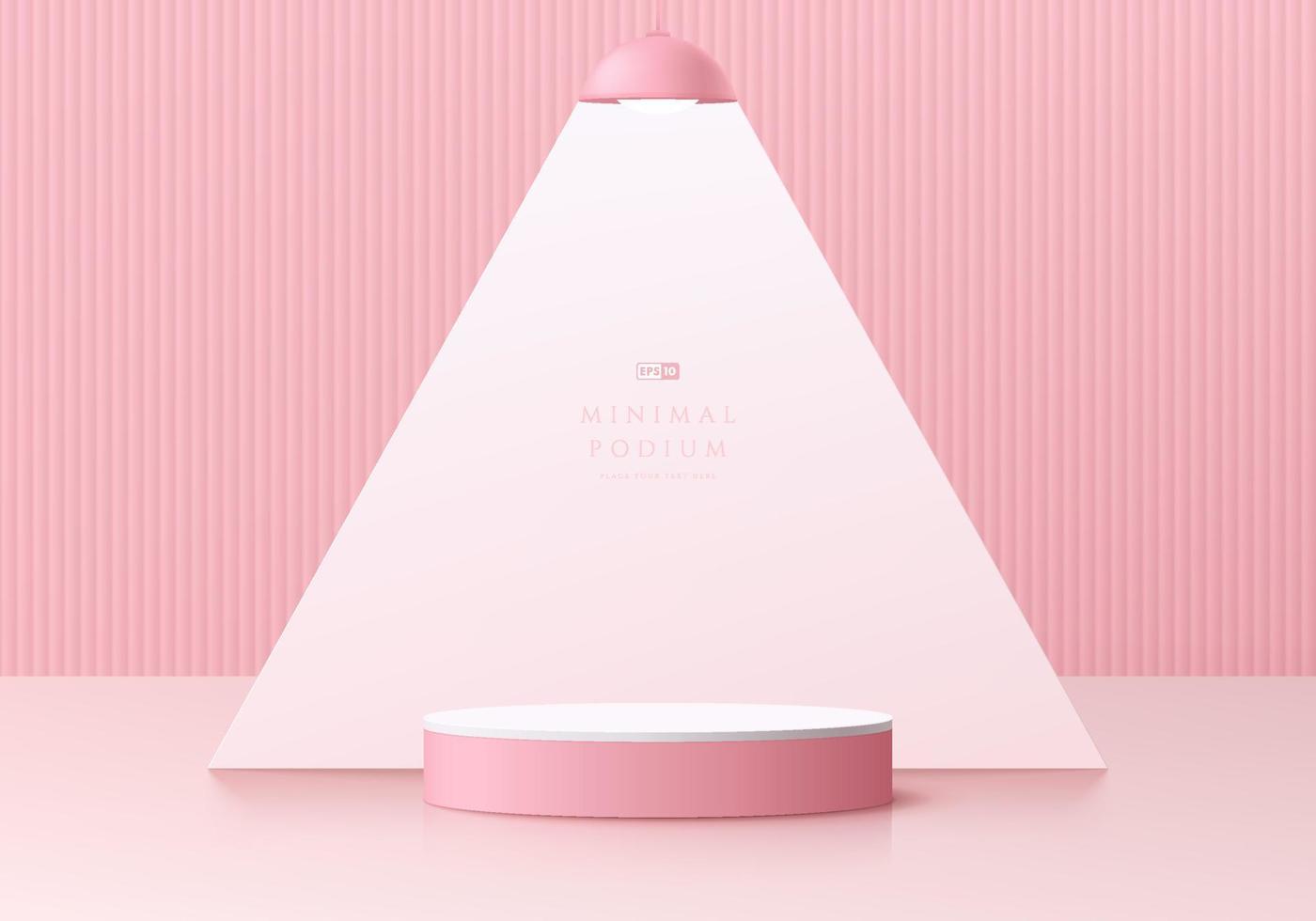 fondo 3d rosa abstracto con podio de pedestal de cilindro rosa realista, forma de triángulo y lámpara colgante. escena de pared mínima pastel para exhibición de productos de maqueta. diseño de formas geométricas. vitrina escénica. vector