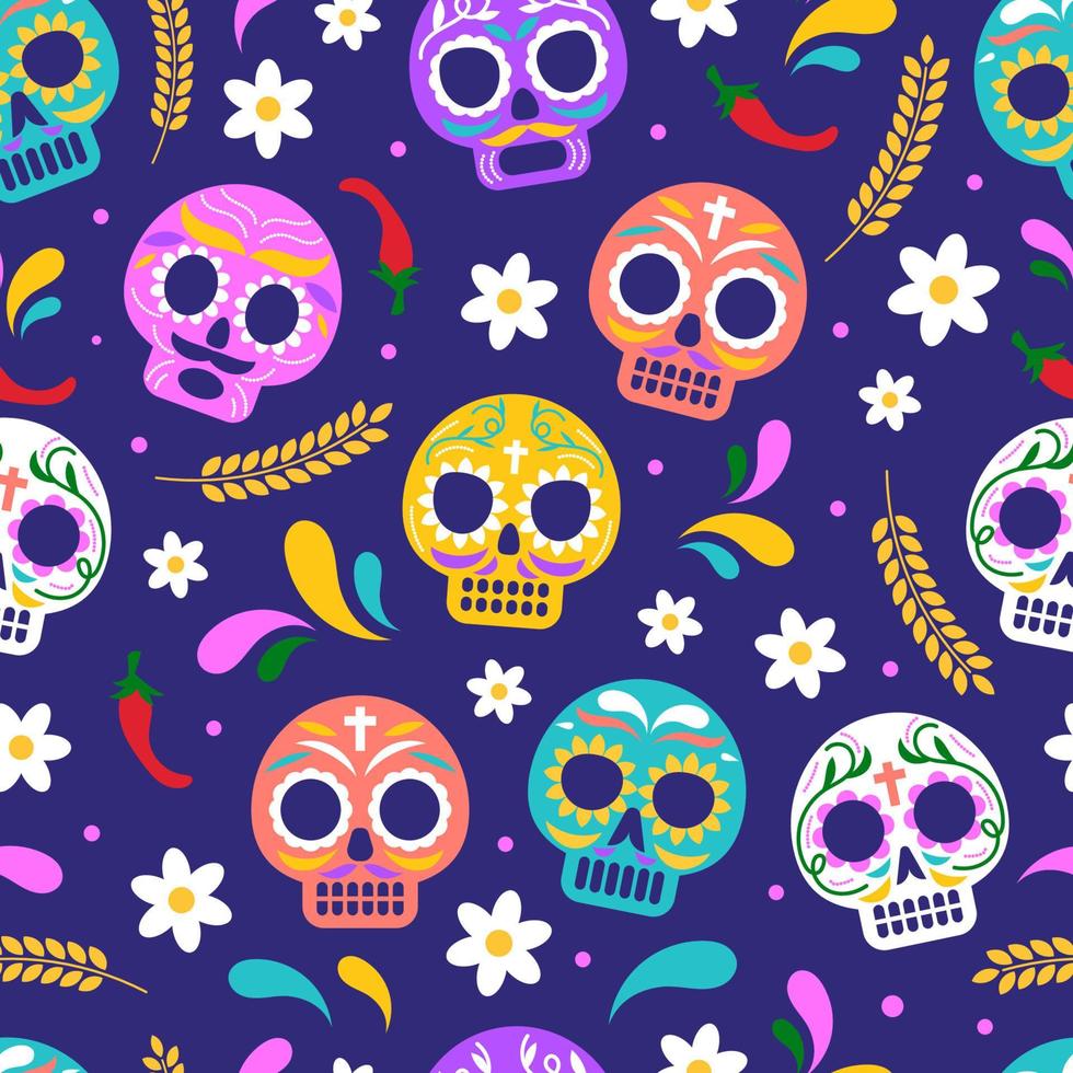 dia de los muertos calavera calavera de azúcar diseño de patrones sin fisuras vector