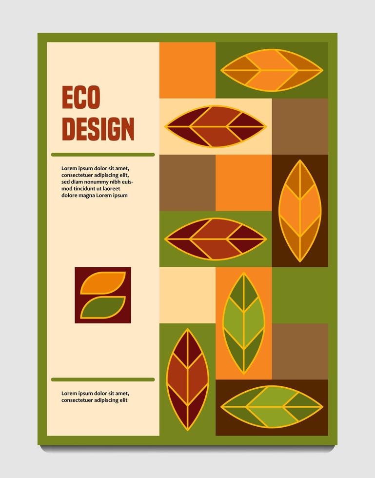 Template for cover, banner, flyer with autumn leaves, rectanlges in simple geometric style. Good for bio products decoration. Eco style. Vector