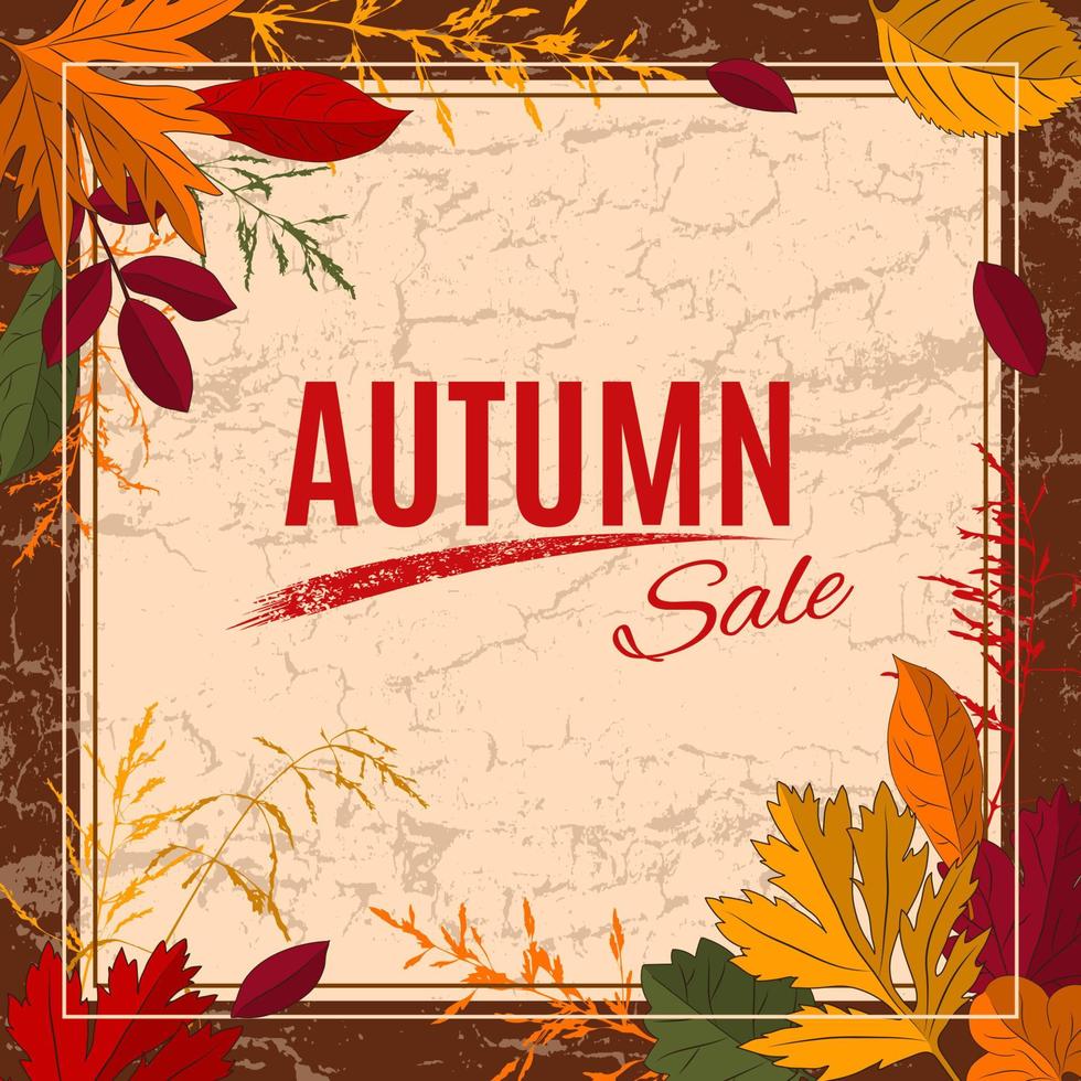 fondo de venta de otoño con hojas para la venta de compras, afiche promocional, volante, banner web. hojas coloridas, hierba sobre madera de corteza beige o textura craquelada. ilustración vectorial vector