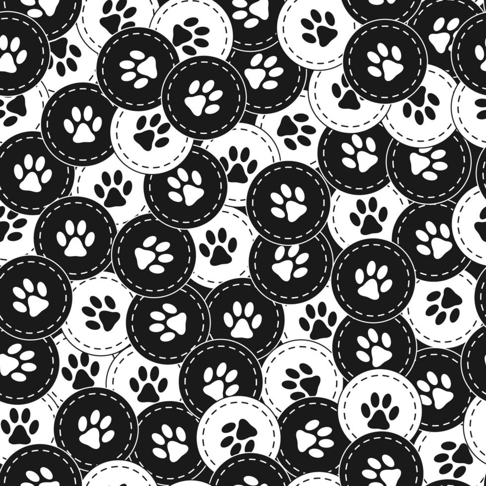 Seamless pattern background with footprints of home pet in chaotic overlapping circles. Good for decoration of wrap, goods for pets. Black and white. Vector. vector