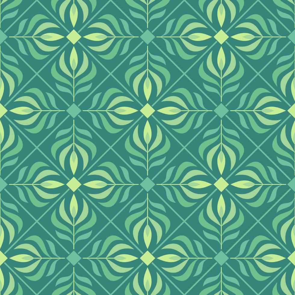 Seamless geometric pattern with simple floral shapes, bunches of leaves, diagonal grid, thin lines. Green colors. Vector. vector