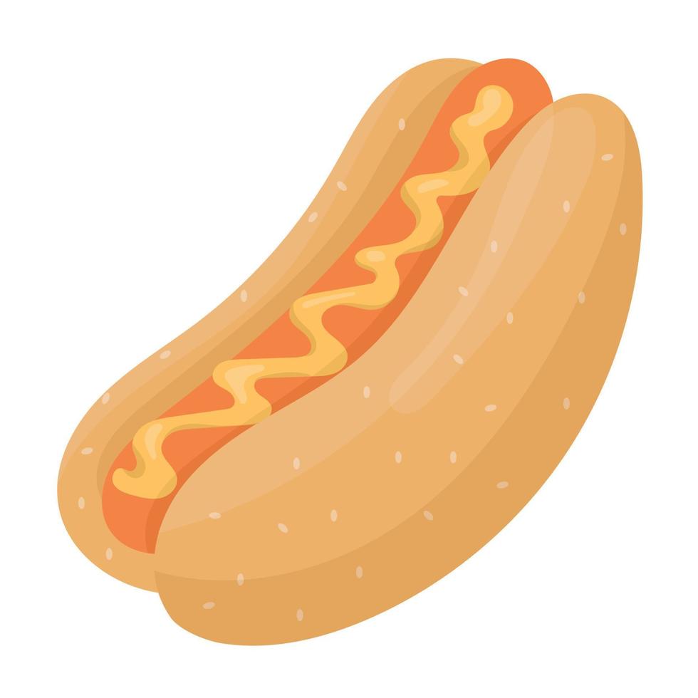 Tasty cartoon hot dog with sausage inside, poured with mustard. Unhealthy fast food vector