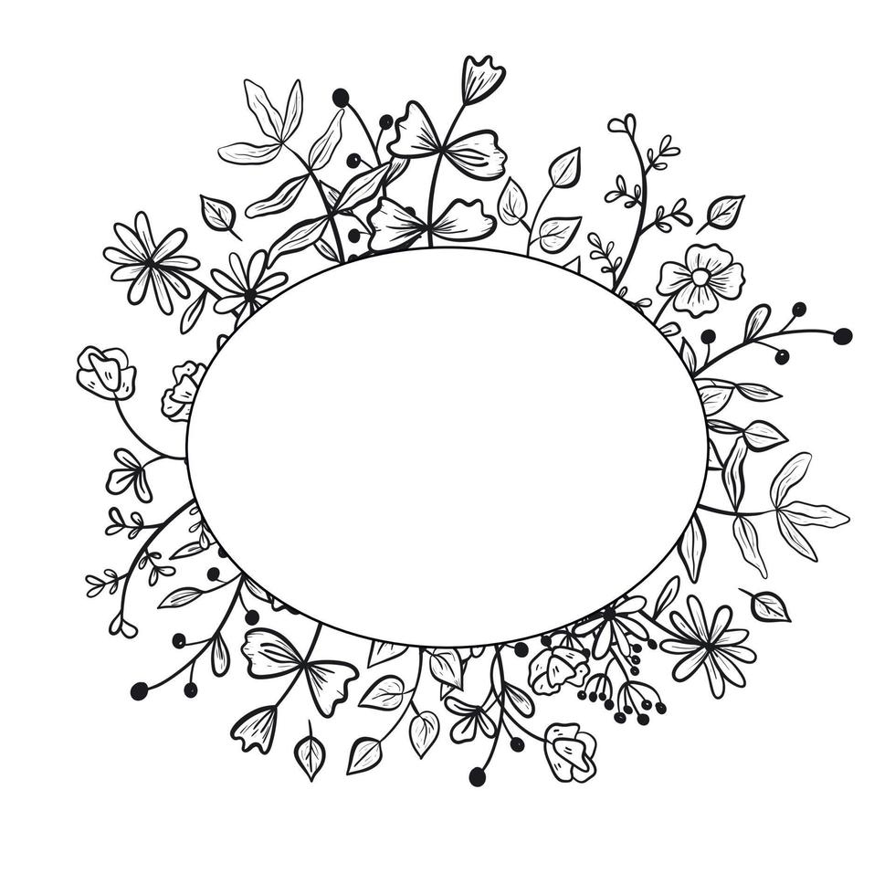 Round simple vector frame or border with doodle twigs. Branches and stems of plants with flowers, leaves and buds with petals. Line art decor elements.