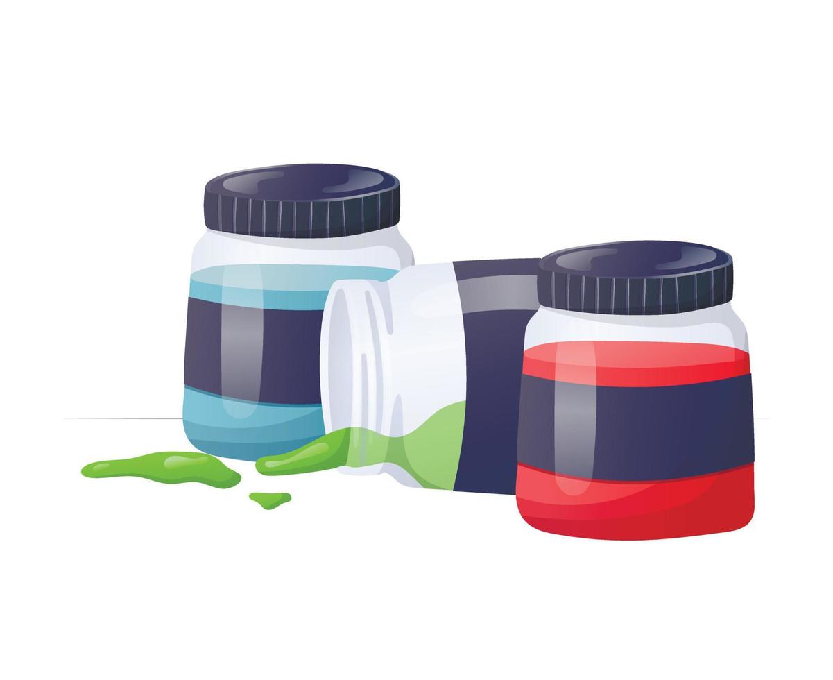 Vector illustration of a set of glass jars with multi-colored paints. One of the open cans lies on its side, drops of paint have spilled out.