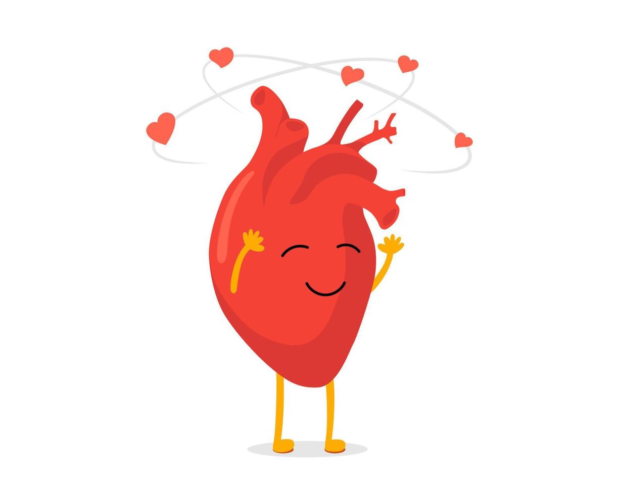 Cute cartoon enamored human heart character emotion. Happiness dizzy and hearts fly. Vector circulatory organ mascot dizziness with love. Funny romantic happy symbol eps illustration