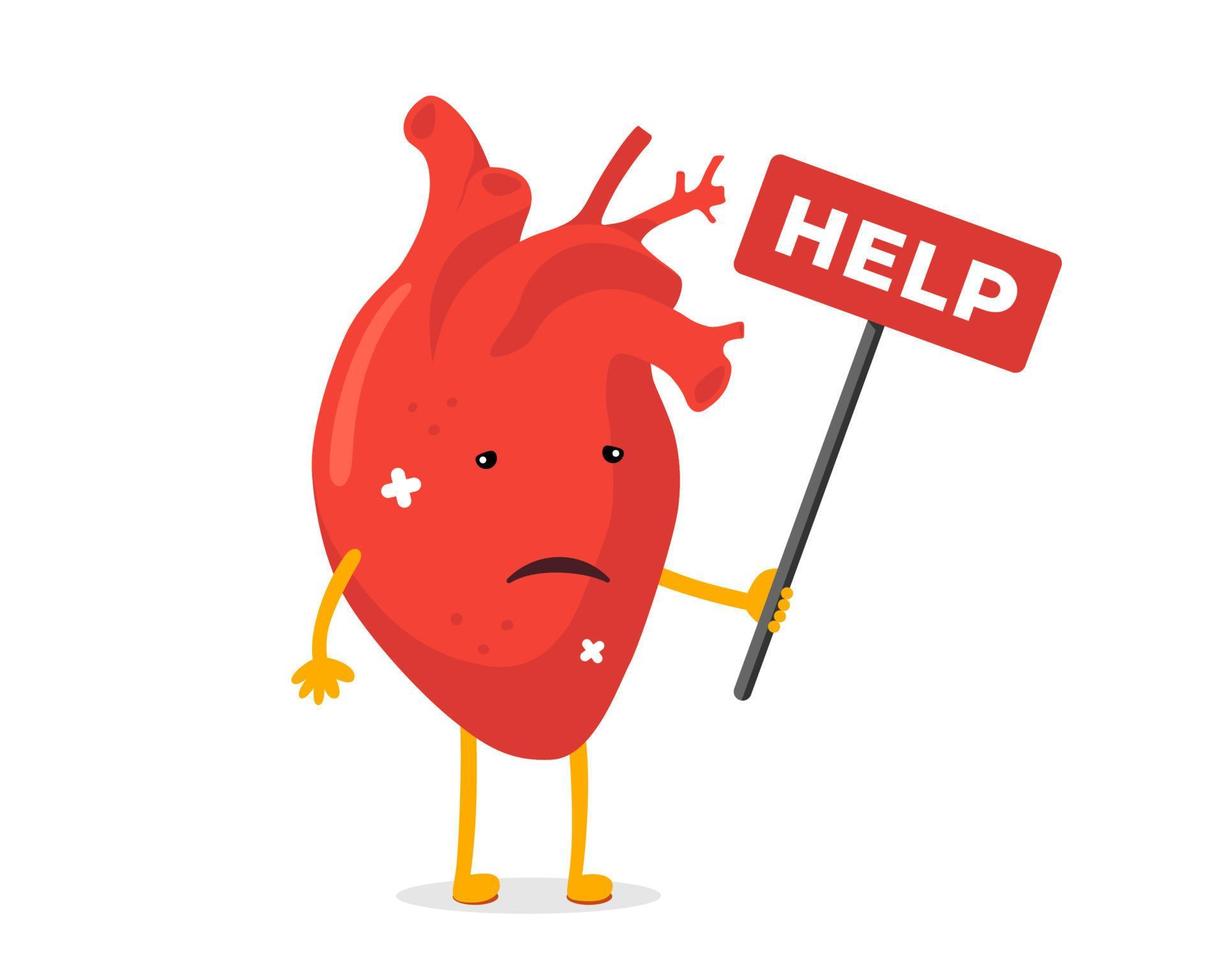 caricatura triste sufrimiento enfermo corazón humano personaje. mascota de órgano de cardiología circulatoria con daño insalubre con signo de ayuda. ataque enfermedad y dolor concepto vector eps ilustración