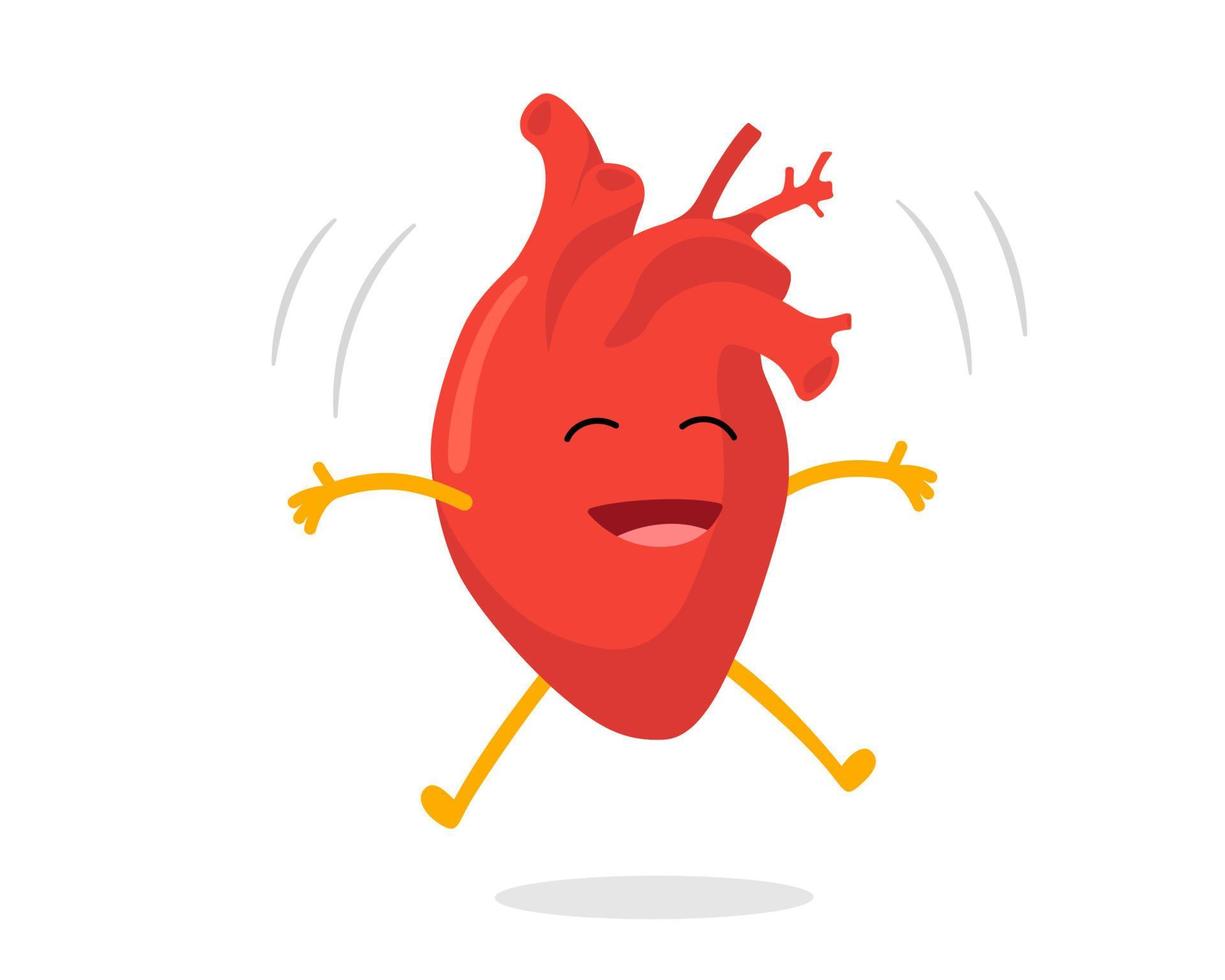 Cute cartoon happy healthy human heart character jumped up. Express feelings of love happiness and joy. Vector circulatory organ mascot. Funny happy symbol eps illustration