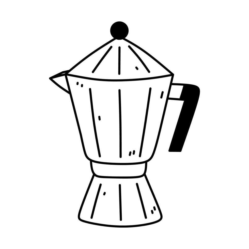 Italian coffee maker or moka pot isolated on white background. Vector hand-drawn illustration in doodle style. Perfect for cards, menu, logo, decorations, various designs.