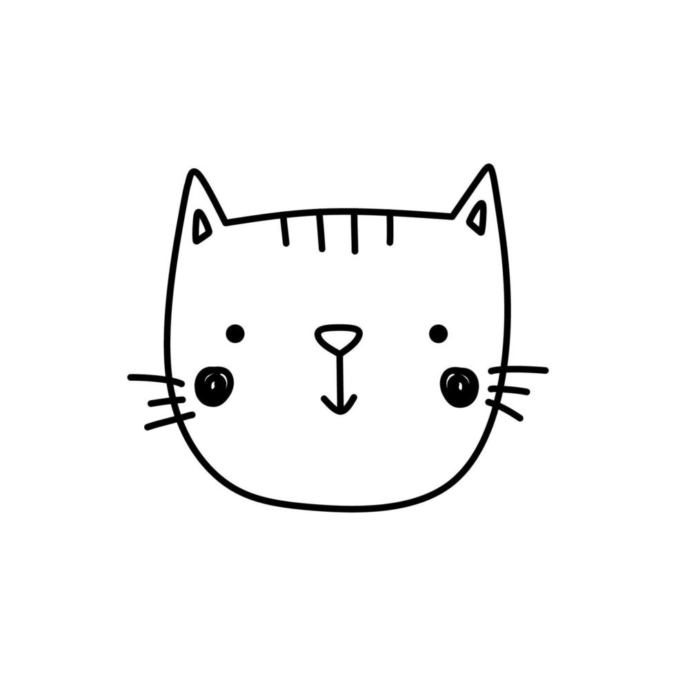 Cute cat face isolated on white background. Smiling kitten. Vector hand-drawn illustration in doodle style. Perfect for decorations, cards, logo, various designs. Simple cartoon character.