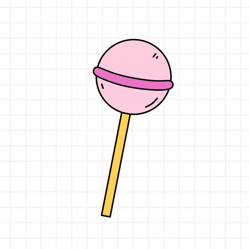 Pink lollipop in the style of the 90s. Sweet candy. Vector hand-drawn doodle illustration isolated on white background. Nostalgia for the 1990s. Perfect for cards, decorations, logo