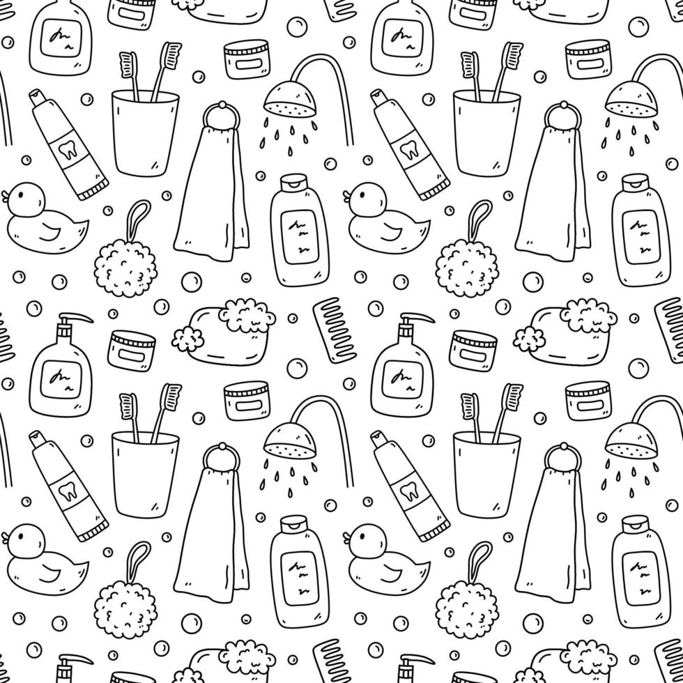 Seamless pattern with bath accessories - shampoo, rubber duck, loofah, soap, cream, towel, toothpaste, toothbrush. Vector hand-drawn illustration in doodle style. Perfect for print, wrapping paper.