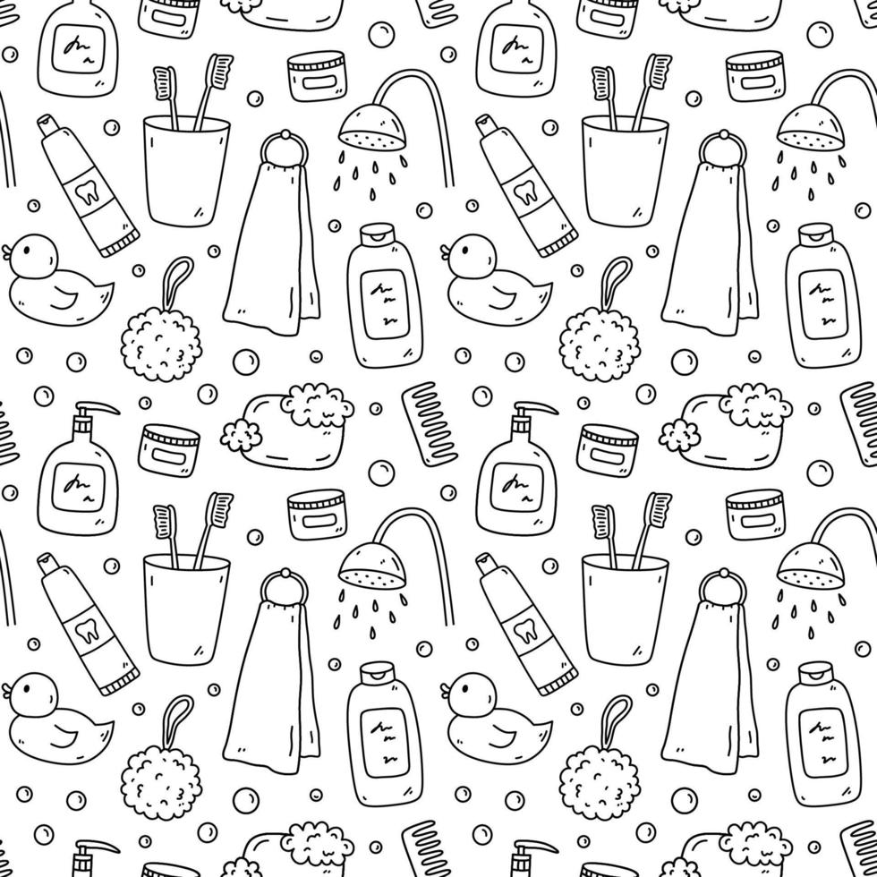 patrón impecable con accesorios de baño: champú, pato de goma, loofah, jabón, crema, toalla, pasta de dientes, cepillo de dientes. ilustración vectorial dibujada a mano en estilo garabato. perfecto para imprimir, papel de regalo. vector