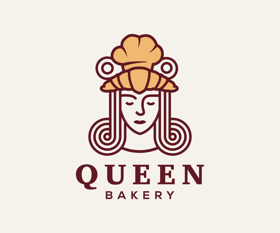 Bakery logo vector illustration with queen woman and croissant on top