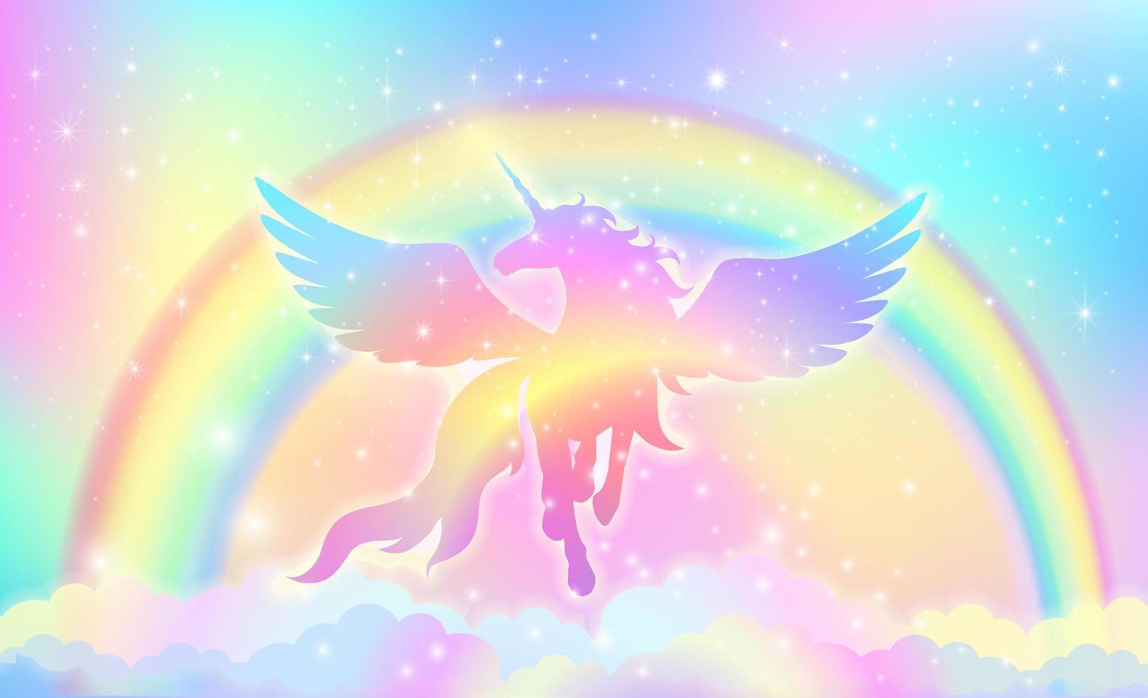 Fondo de arco iris con silueta de unicornio alado con estrellas. vector
