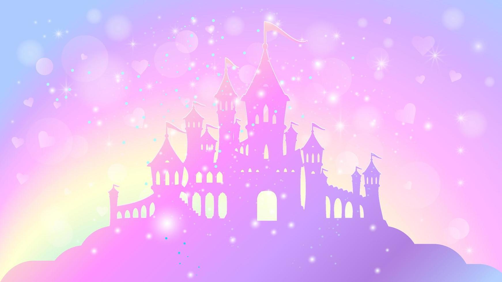 Silhouette of a magic princess palace on a background of a rainbow sky. vector