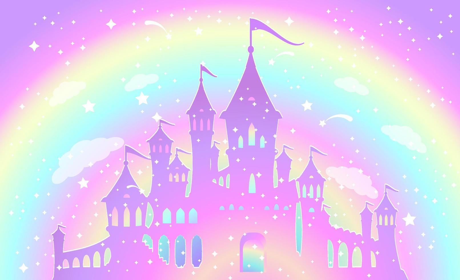 Silhouette of a magic princess palace on a background of a rainbow sky with stars. vector