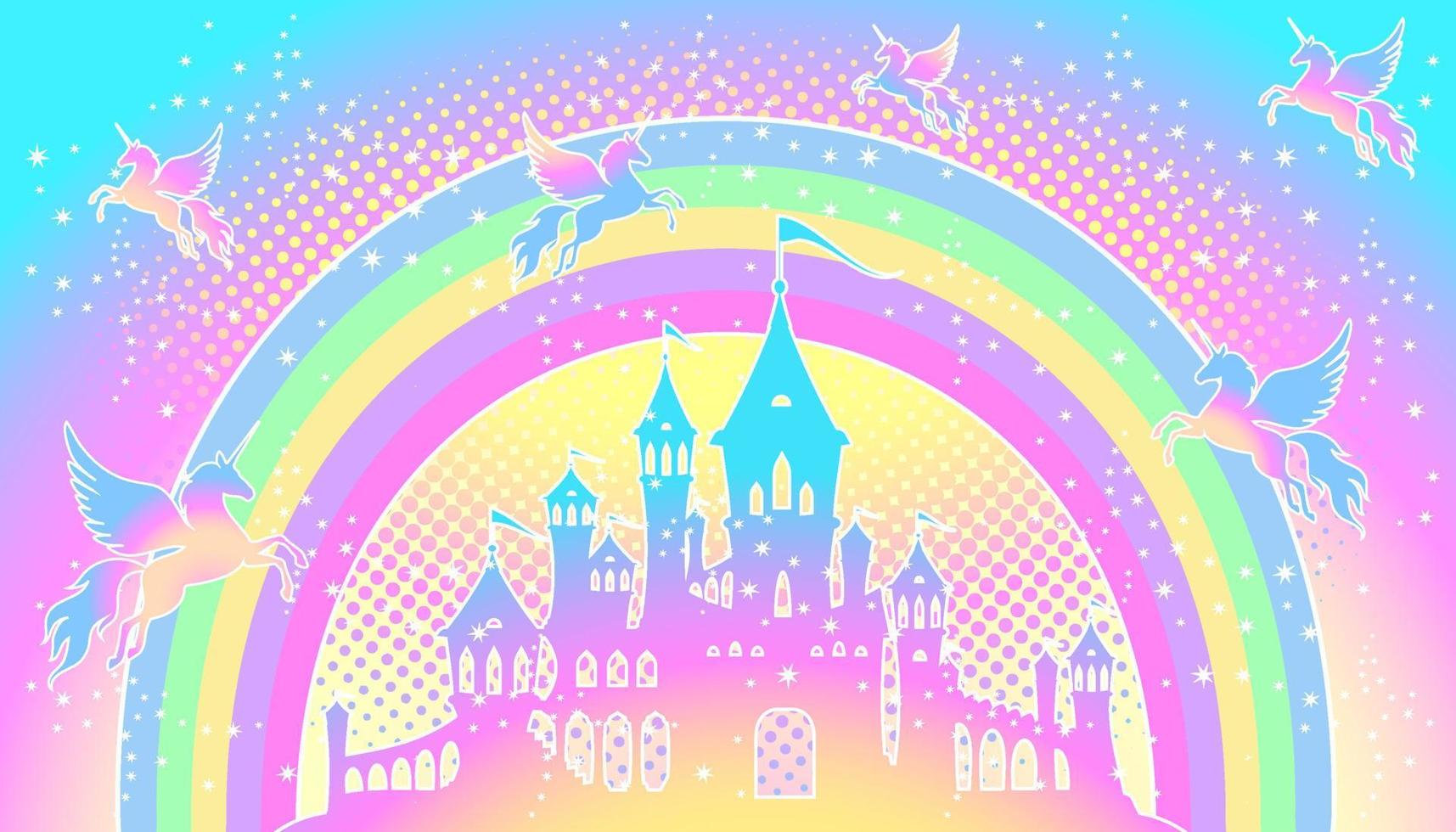 Silhouette of a magic castle on a background of a rainbow unikorns with stars. vector
