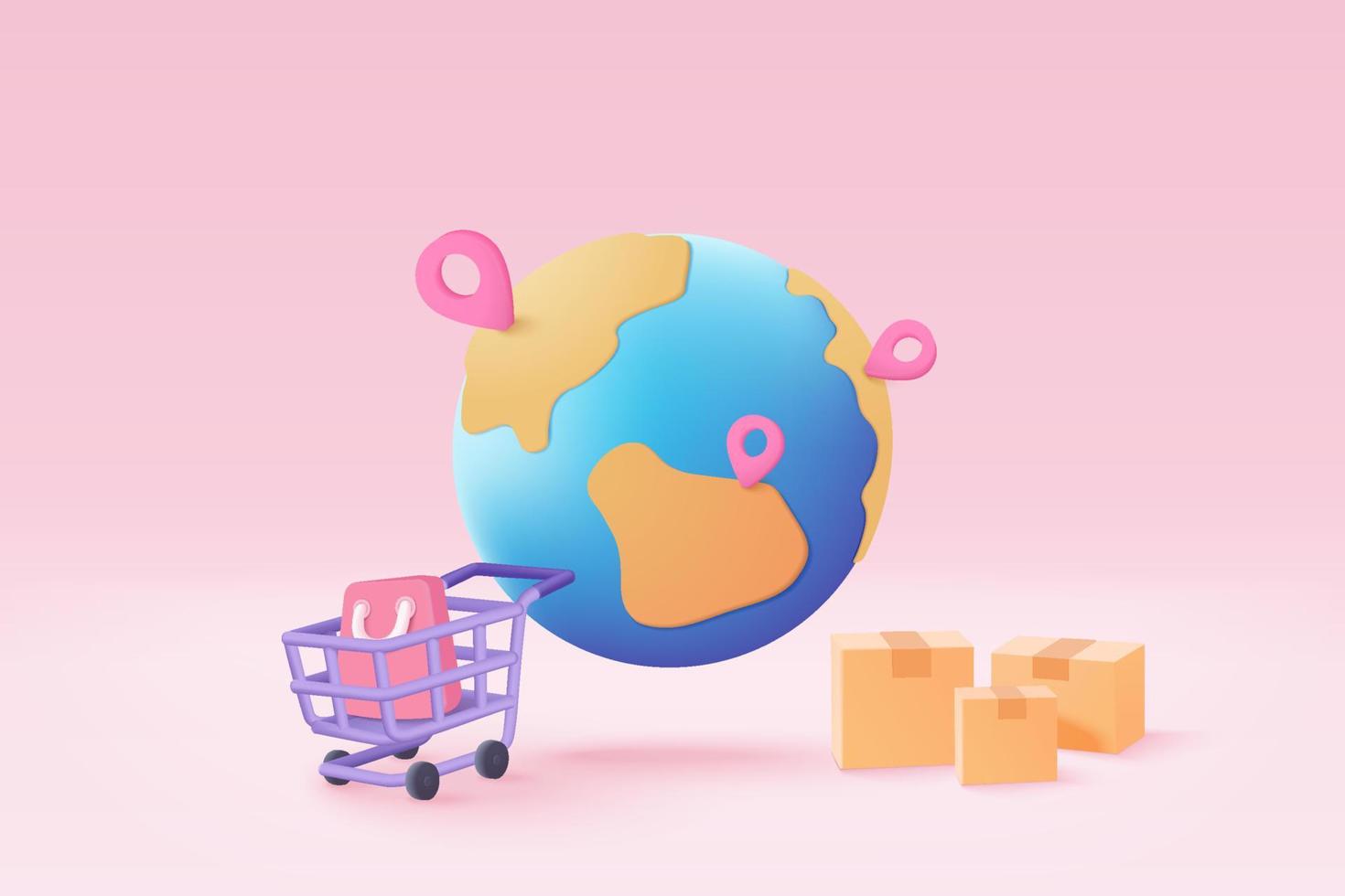 Globo terráqueo 3d con puntos de servicio de entrega en línea, seguimiento de entrega, marcador de punto de ubicación de pin del concepto de envío. Envío de productos desde el mapa mundial. icono logístico 3d vector render ilustración