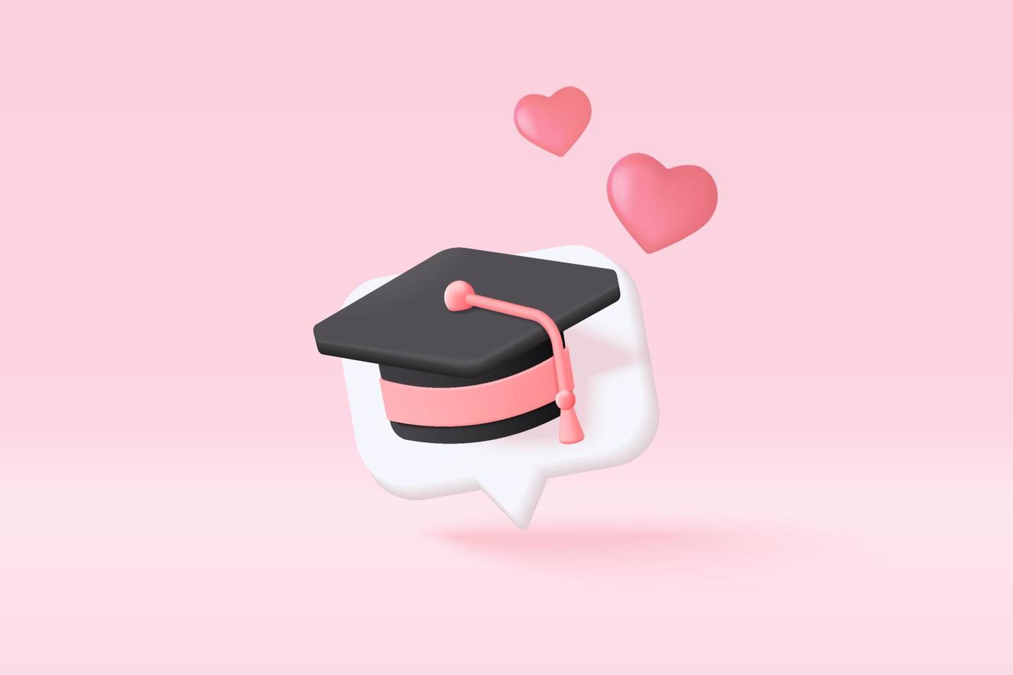 3d graduación de la universidad, colegio por concepto de estudiante. sombrero de graduación y estilo de dibujos animados de diploma con fondo de burbuja. Diploma de educación de vector 3d para el éxito del estudio del estudiante ilustración de renderizado