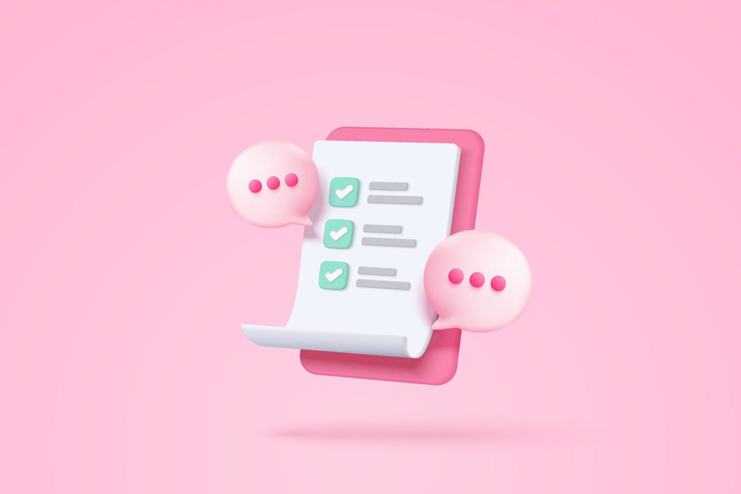 3d white clipboard task management todo check list with bubble, efficient work on project plan, fast progress, level up concept, assignment and exam checklist icon. 3d vector render on pink background