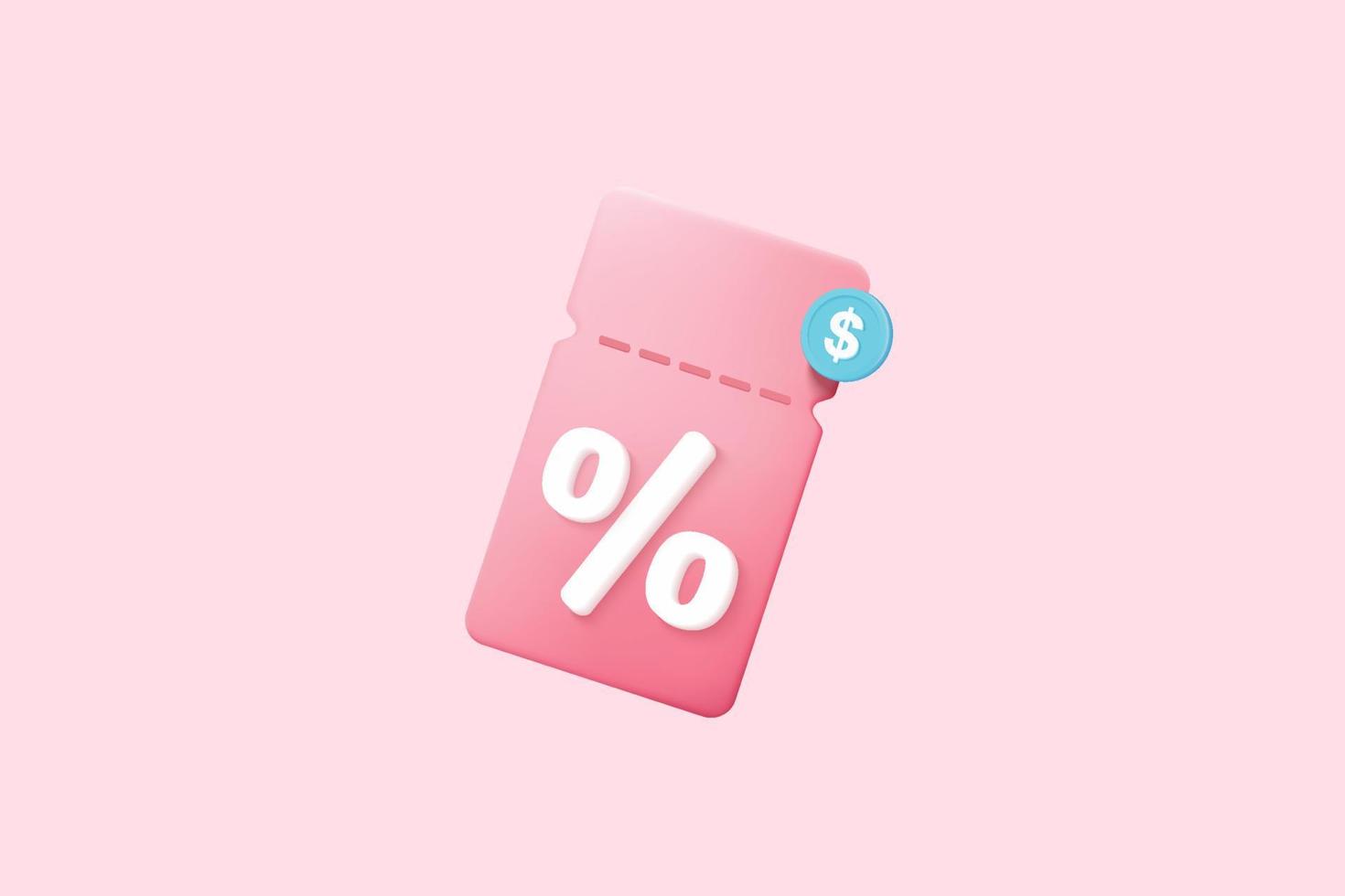 online shopping tag price 3d render vector, discount coupon of cash for future use. sales with an excellent offer 3d for shopping online, Special offer promotion on price tags on pink background vector