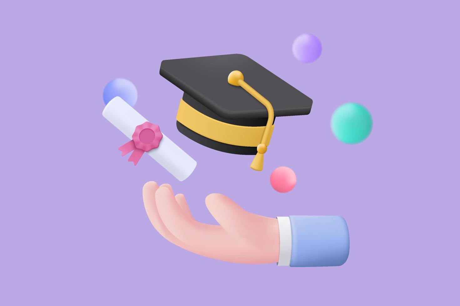 3d graduación de la universidad, colegio por concepto de estudiante. sombrero de graduación y estilo de dibujos animados de diploma con fondo de burbuja. Diploma de educación de vector 3d para el éxito del estudio del estudiante ilustración de renderizado