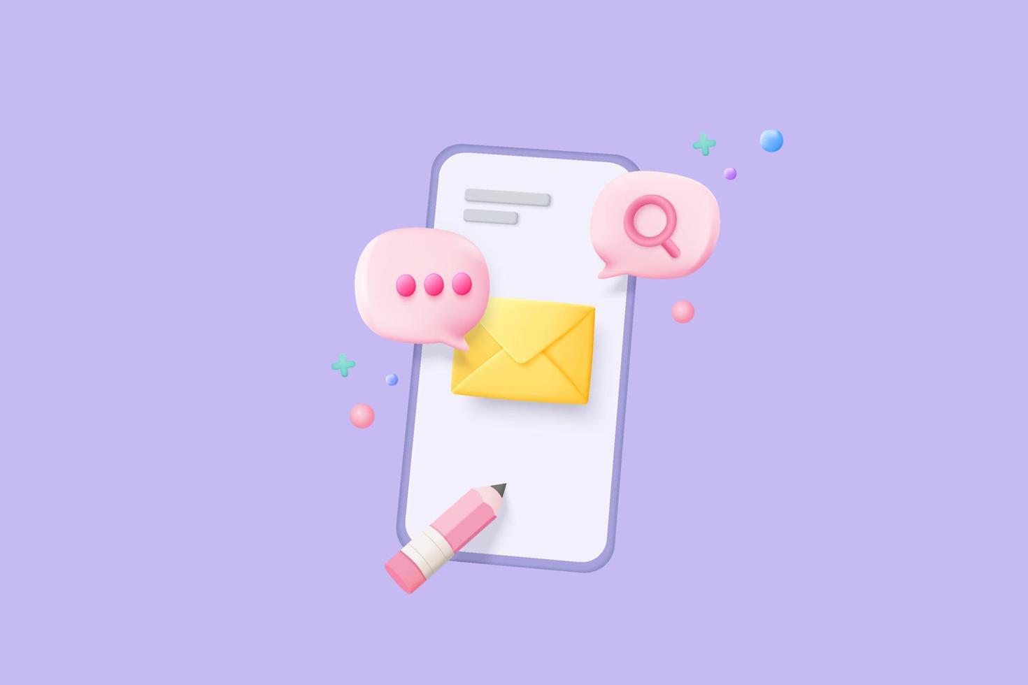 3d mail envelope icon with notification new message in mobile phone. Minimal email letter with pop up speech icon. message via smartphone concept 3d vector render isolated purple pastel background