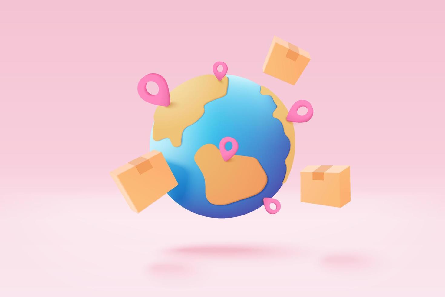 Globo terráqueo 3d con puntos de servicio de entrega en línea, seguimiento de entrega, marcador de punto de ubicación de pin del concepto de envío. Envío de productos desde el mapa mundial. icono logístico 3d vector render ilustración