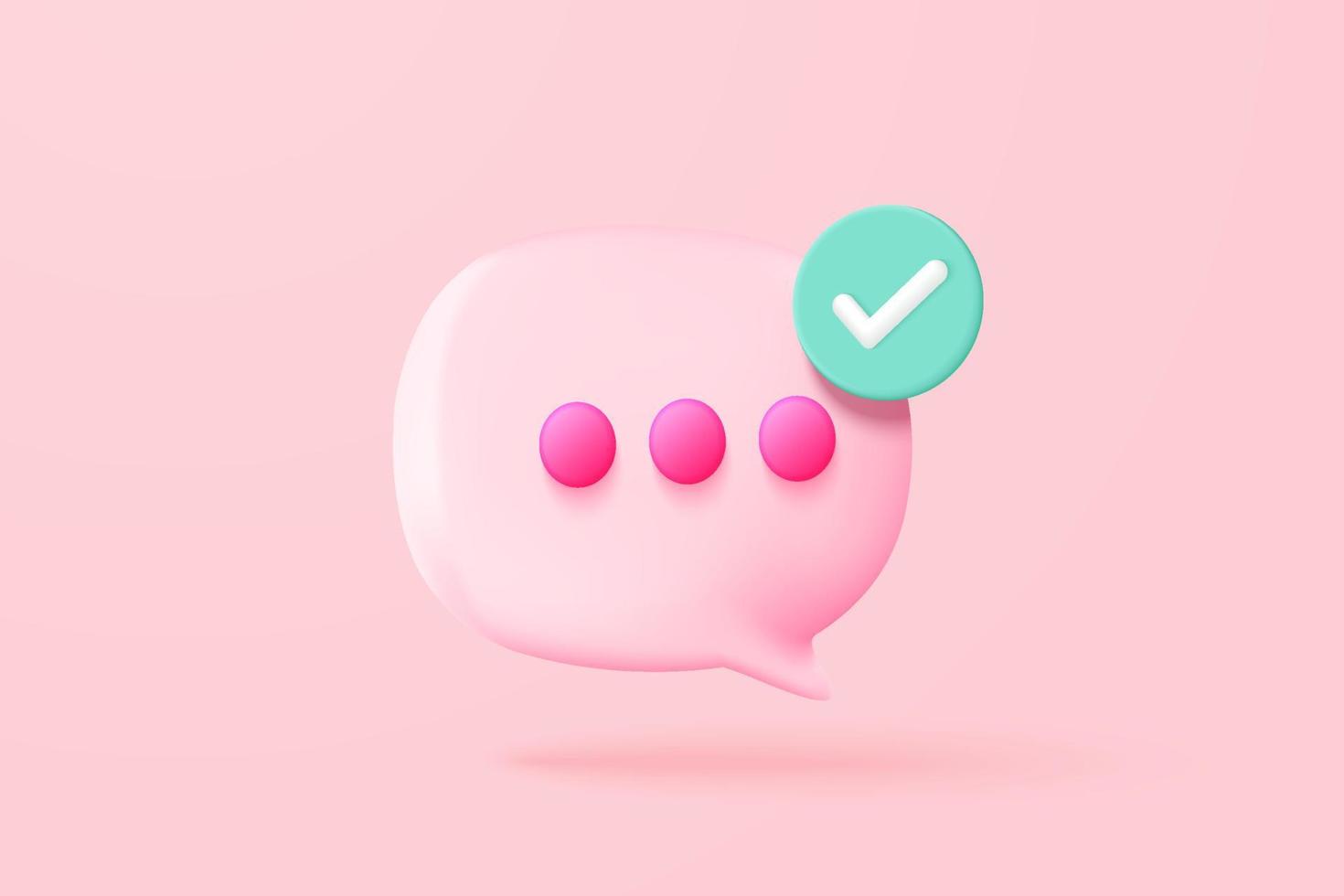 Burbuja de voz vectorial 3d con marca de verificación para la plataforma de galería de fotos, concepto de comentario de conversación social en línea, mensaje emoji, iconos de voz, chat con medios sociales. Ilustración de vector de procesamiento de habla 3d