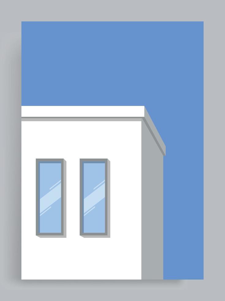 Minimalist architectural vector background. Japanese square suburban house with 2 windows on a blue sky background. Suitable for poster, book cover, brochure, decoration, flyers, booklet.