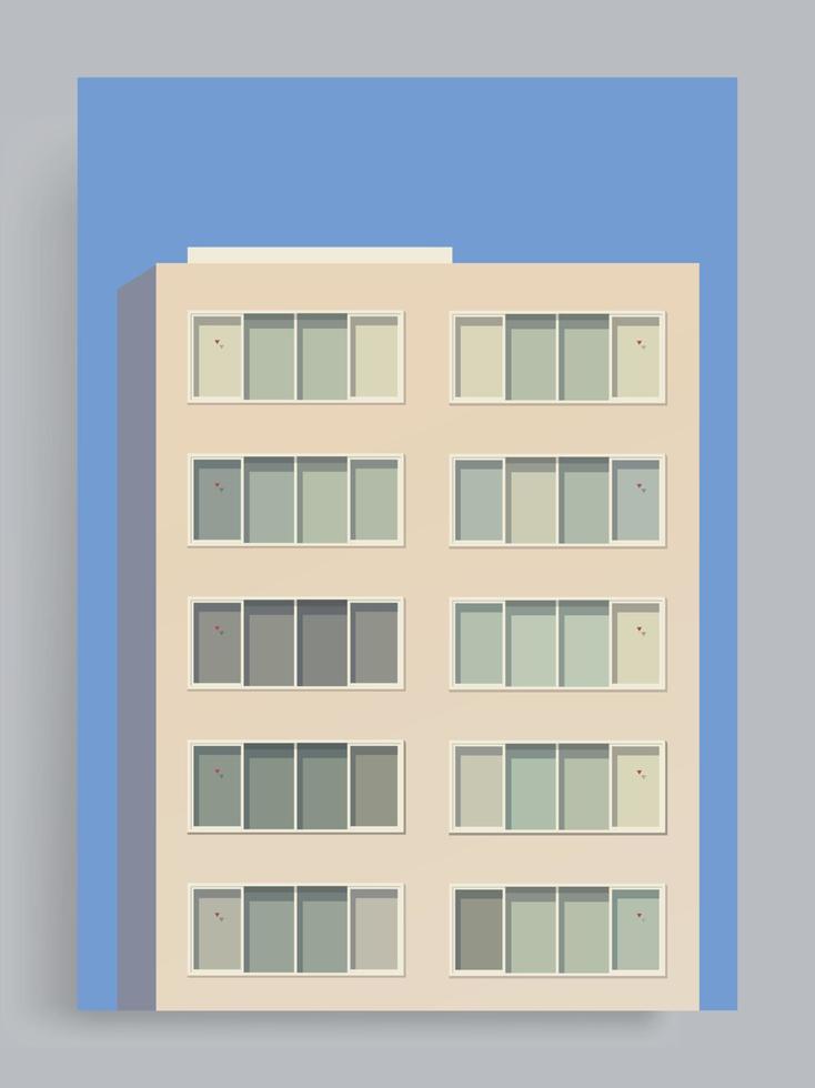 Simple Minimalist Architecture Vector Cover Background. 5 storey office building with wide windows. Buildings, houses, Suburb, City. Suitable for posters, book covers, brochures, magazines, booklets.