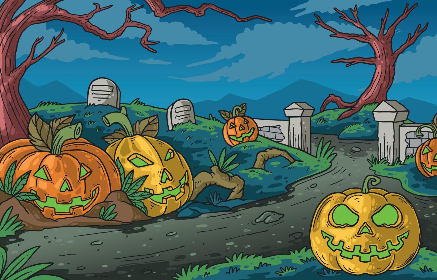 Halloween Jack O'Lantern in The Cemetery Concept vector