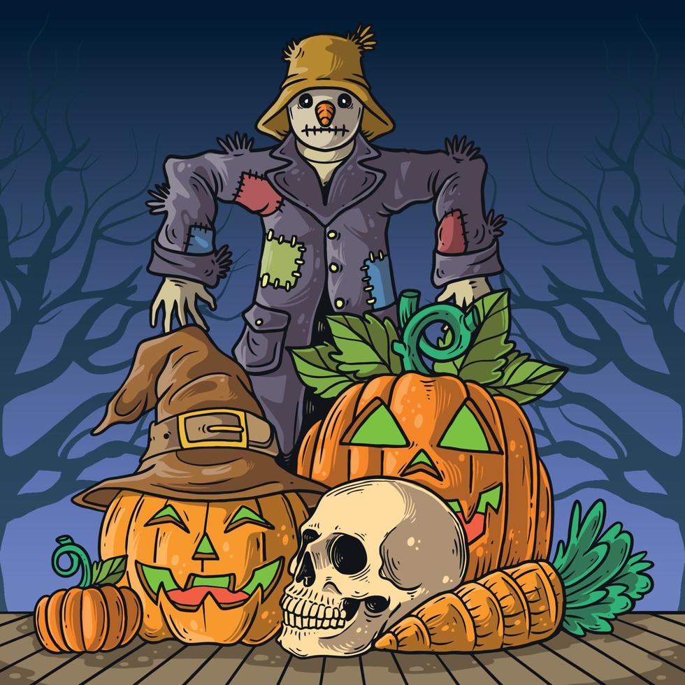 Halloween Jack O'Lantern And Scarecrow Concept vector