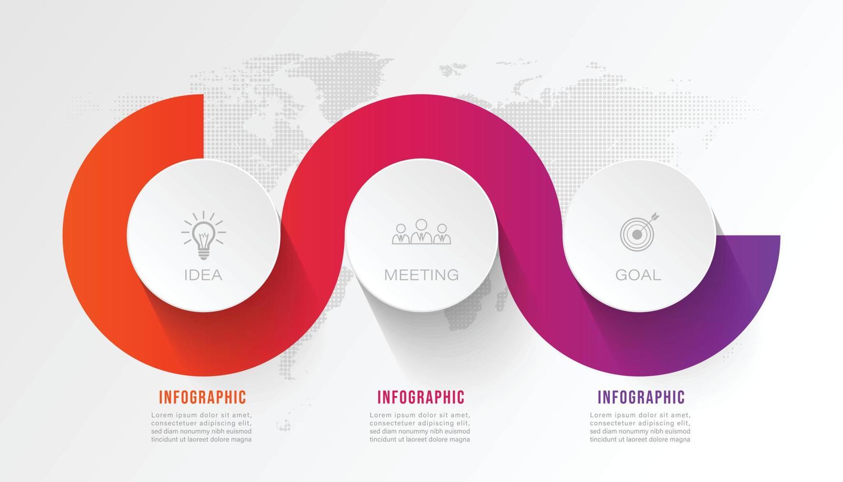 El círculo infográfico empresarial da forma a tres opciones, procesos o pasos para la presentación. se puede utilizar para presentaciones, diseño de flujo de trabajo, pancartas, diagramas y diseño web. vector