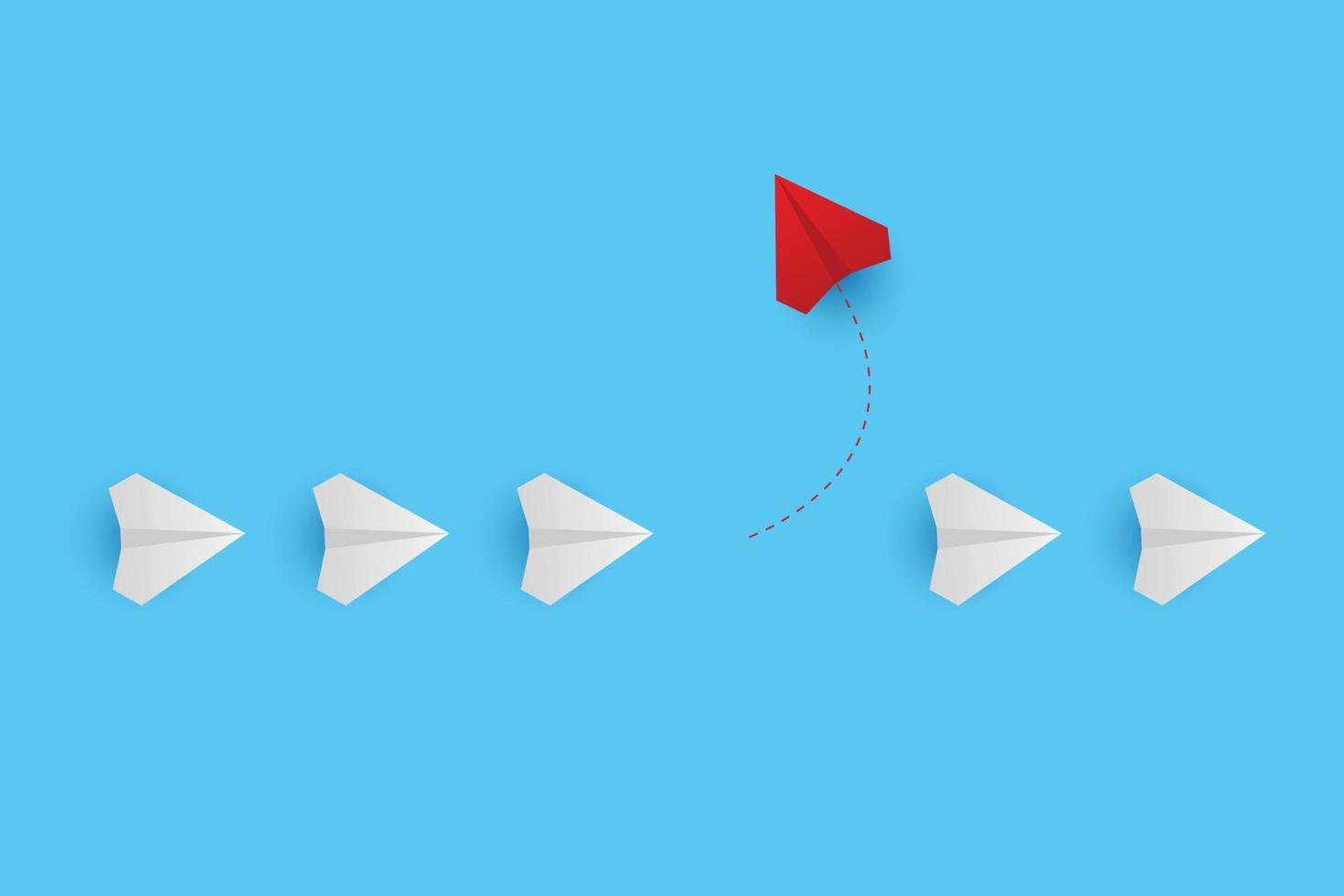 Business creative idea minimal concept. Creative paper planes on blue background. Red airplane changing direction. New idea, change, trend, courage, creative solution, innovation and unique concept. vector