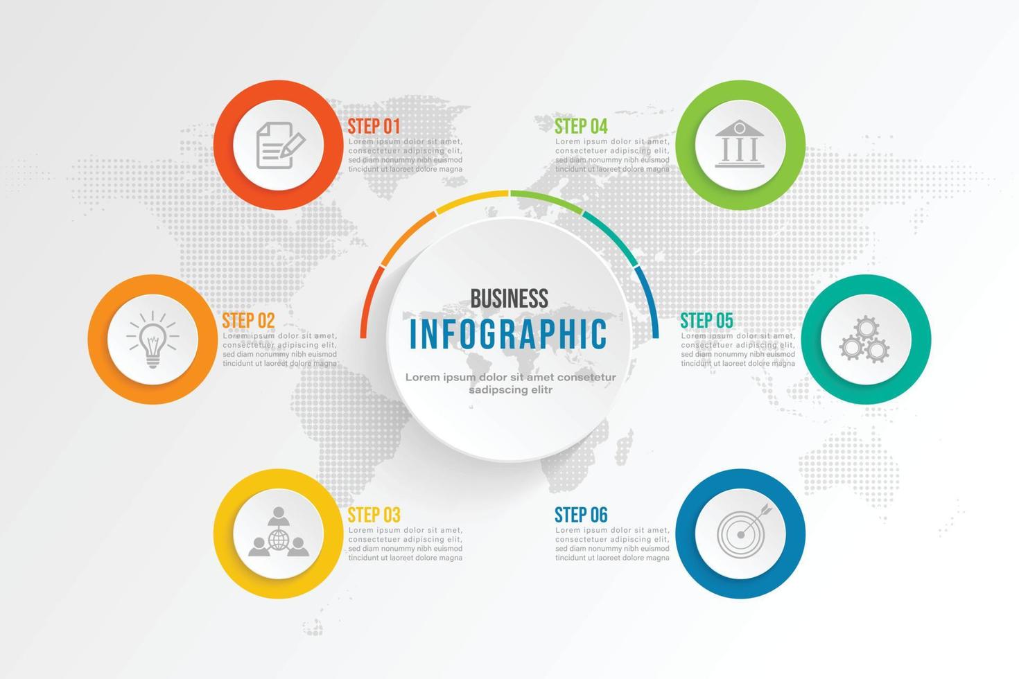 plantilla de infografía seis pasos para negocios, educación, diseño web, pancartas, folletos, volantes. ilustración vectorial vector