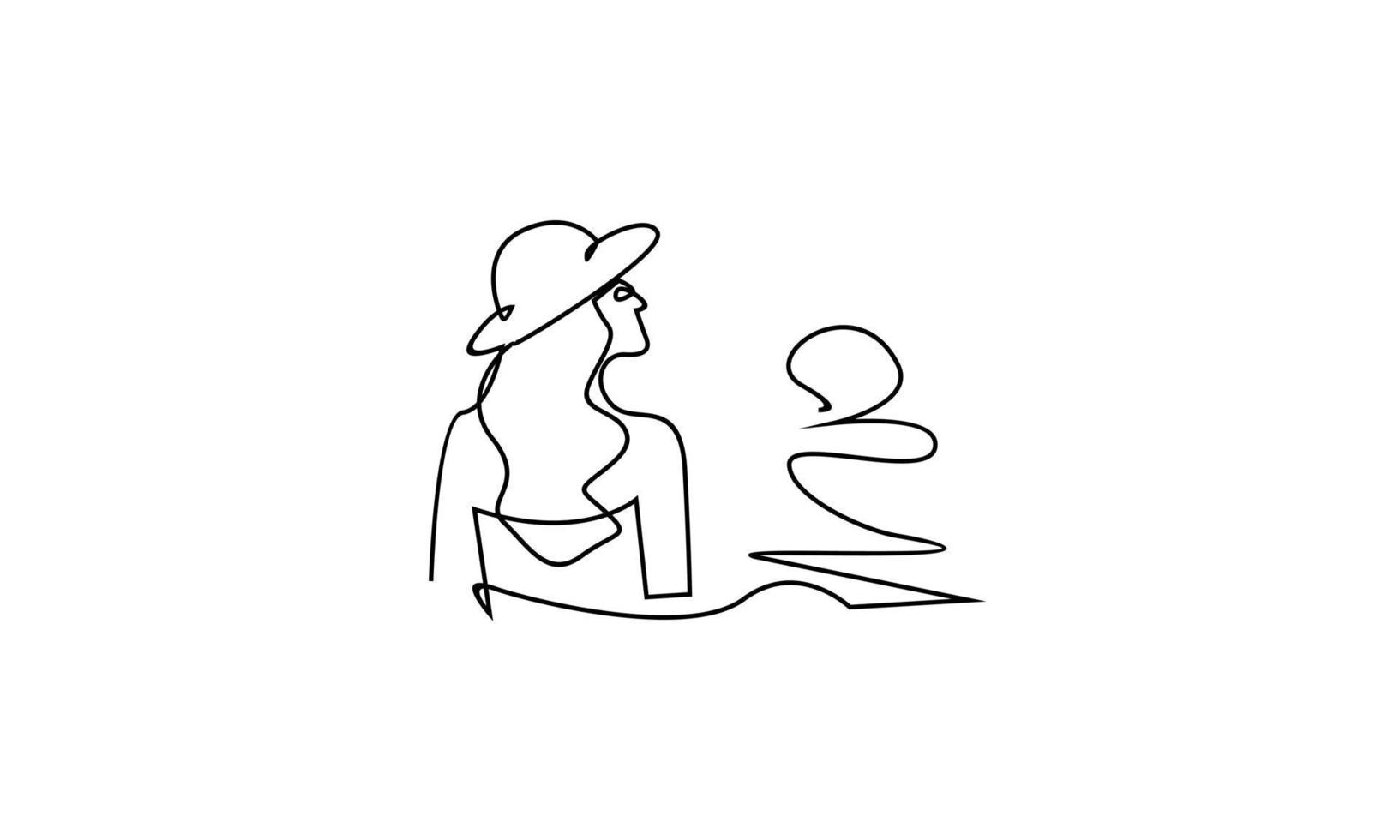 Summer vacation concept in line art drawing style. Coast of the sea, umbrella, people relaxing on a vector