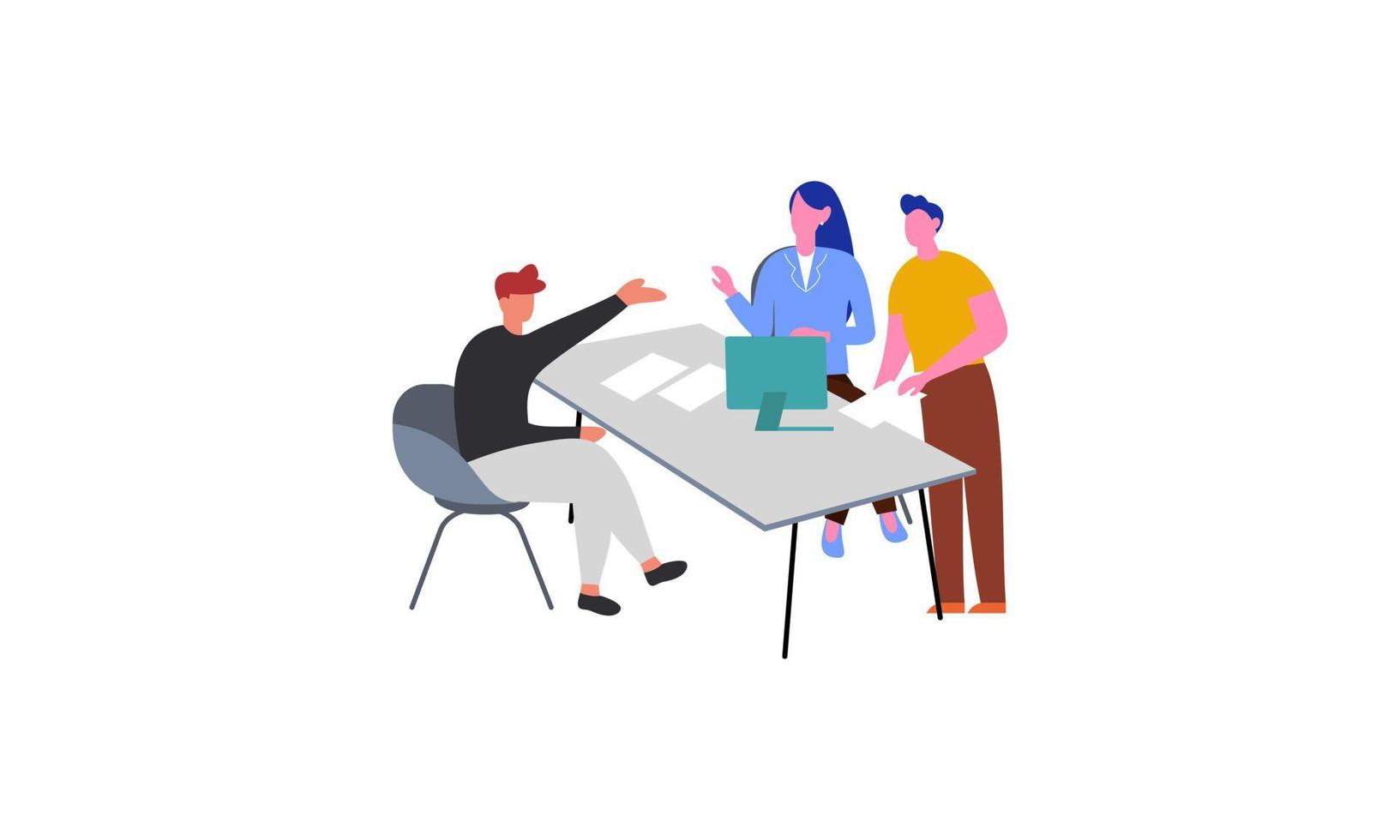 Group of office workers sitting at desks and communicating or talking to each other vector