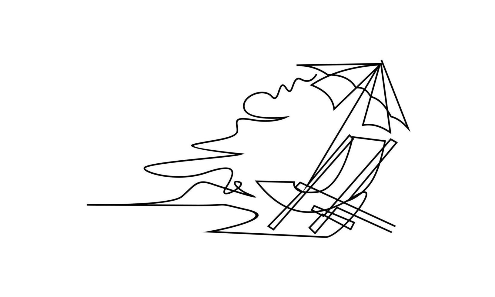 Summer vacation concept in line art drawing style. Coast of the sea, umbrella, people relaxing on a vector