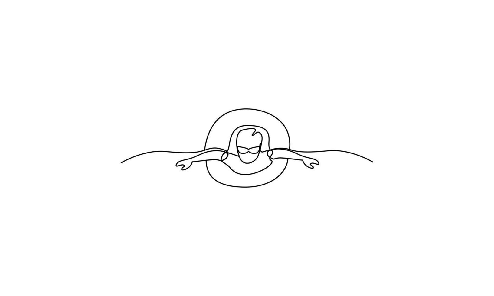 Summer vacation concept in line art drawing style. Coast of the sea, umbrella, people relaxing on a vector