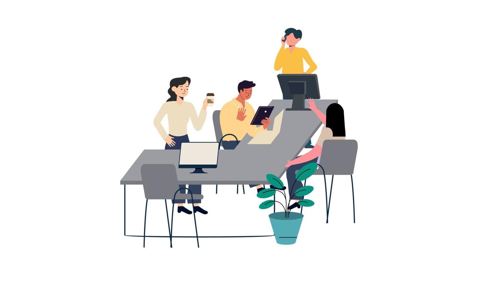 Group of office workers sitting at desks and communicating or talking to each other vector