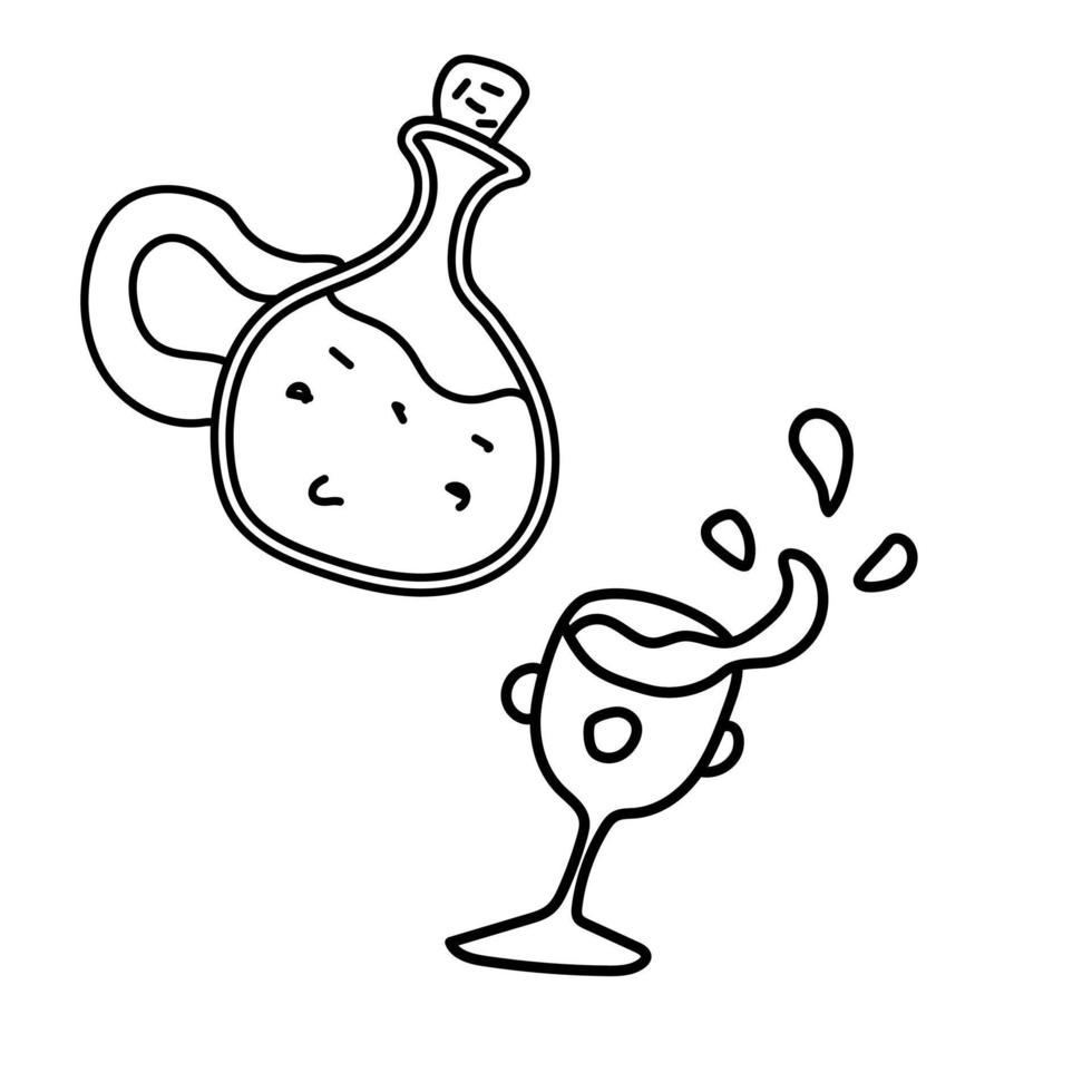 una botella de ron y un vaso de chupito lleno. ilustración garabateada a mano, imagen negra sobre fondo blanco vector