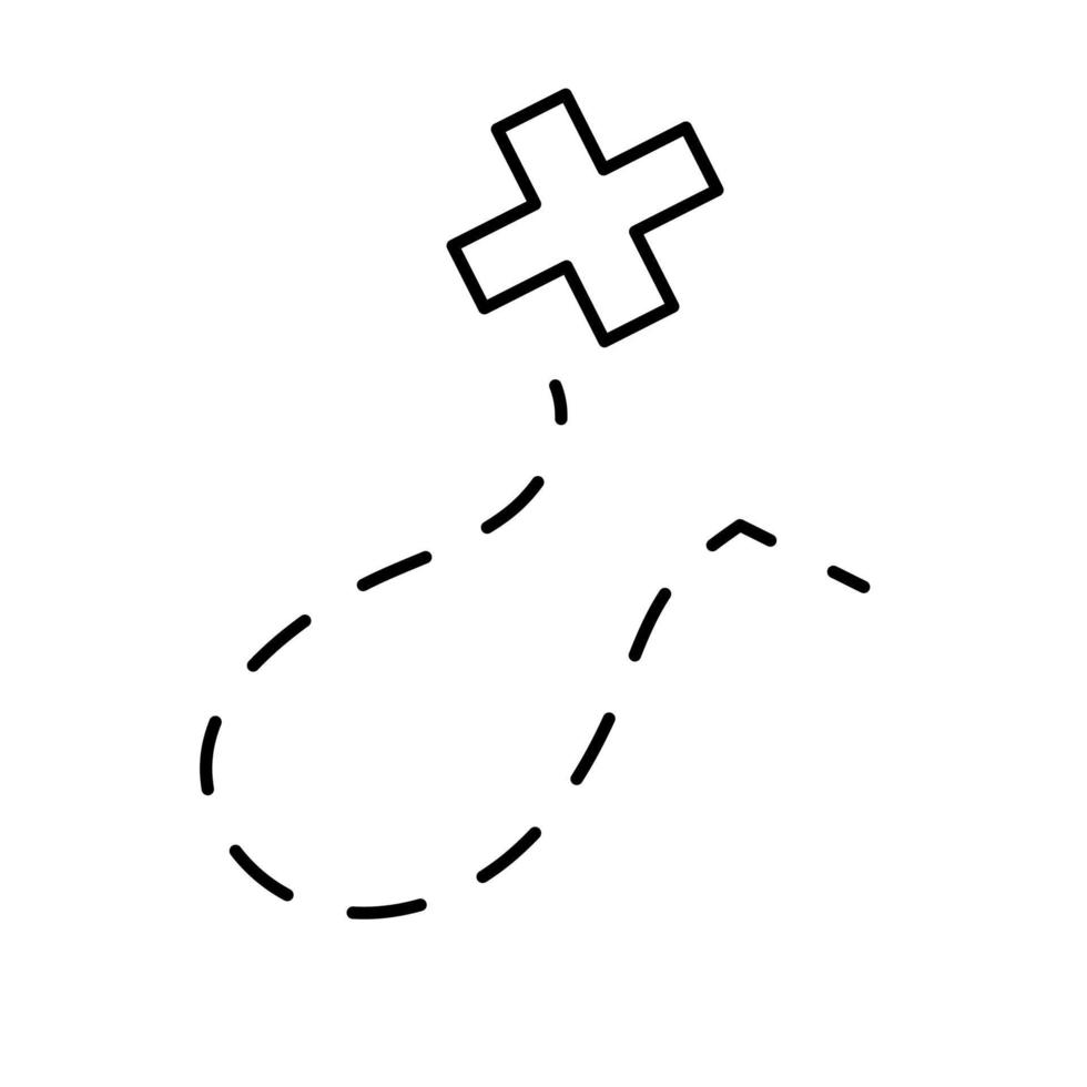 The path indicated by the dotted line marked with a cross. Vector doodle illustration